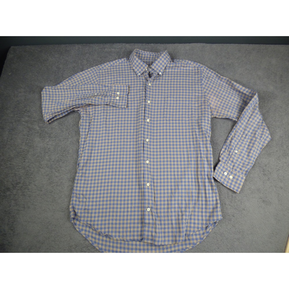 Peter Millar Mens Large Blue Tan Gingham Check Button Down Long Sleeve Shirt L